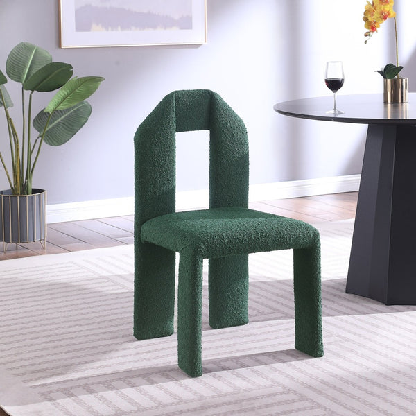 Meridian Furniture Bennett Upholstered Dining Chair with Geometric Silhouette and Ergonomic Seat for Modern Rooms Green Boucle Fabric 997Green-C