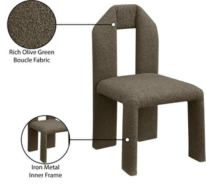 Meridian Furniture Bennett Upholstered Dining Chair with Geometric Silhouette and Ergonomic Seat for Modern Rooms Olive Boucle Fabric 997Olive-C