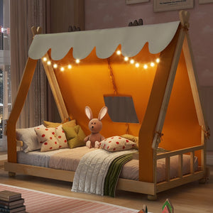 English Elm Twin Cabin Bed with Detachable Tent Skylight and Woodland Deer Antler Accents Brown N708P356716D