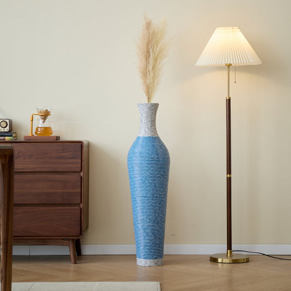 English Elm 39-Inch Tall Designer Floor Vase in Lake Blue PVC with Brushed Gold Accents for Dramatic Room Styling W2796P300933