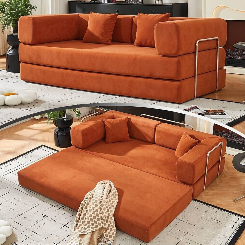 English Elm Convertible Corduroy Floor Sofa with Folding Sleeper and Bolster Pillow for Apartments Orange W5638P460470