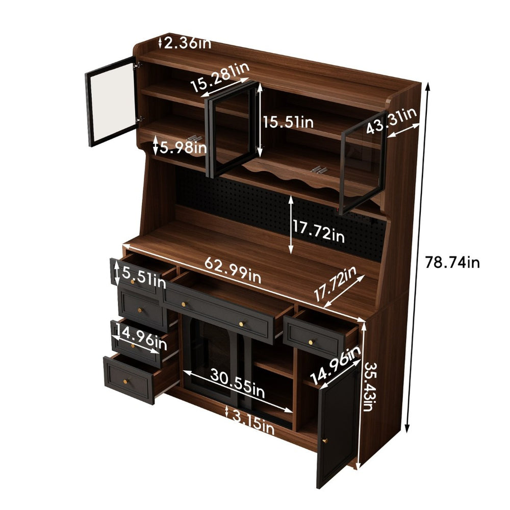 English Elm Freestanding Buffet Hutch with Glass Doors Six Drawers and Built in Power Outlet W5389S00002