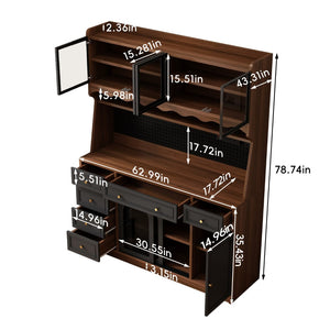 English Elm Freestanding Buffet Hutch with Glass Doors Six Drawers and Built in Power Outlet W5389S00002