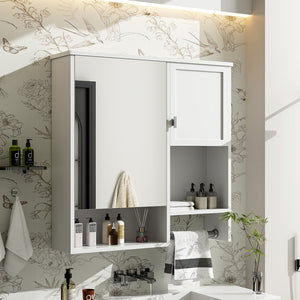 English Elm 29'' Modern Wall Mounted Medicine Cabinet with Mirror, Spacious Adjustable Shelves, Towel Bar and Durable MDF Finish White N710P209440K