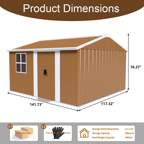 English Elm 12x10 Galvanized Steel Outdoor Storage Shed Weatherproof Backyard Garden Tool Organizer W2700S00064