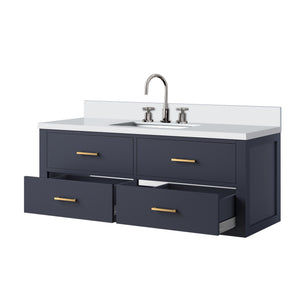 English Elm Blue 48" Single Bath Vanity with White Quartz Top, Soft-Close Drawers & Chrome Gooseneck Faucet Set B2731P258009