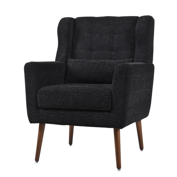 English Elm Modern Accent Chair Chenille Upholstered Ergonomic Lounge Armchair with Wood Legs and Pillow for Reading Comfort and Stylish Living Room Seating Black W1028P382764