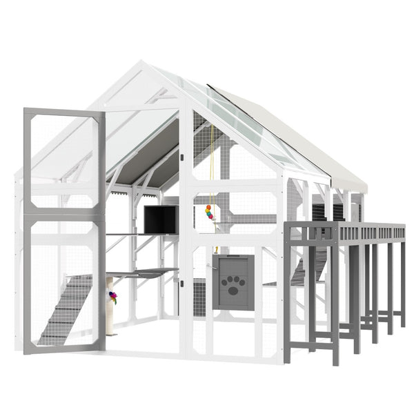 English Elm Large Walk-in Pine Wood Catio Enclosure with Platforms Resting Boxes and Planter Grey,White N704G201619K