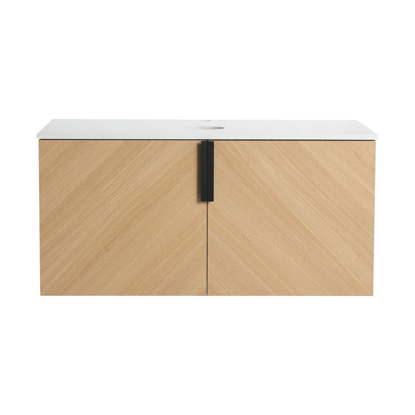 English Elm 36" Wall Mounted Vanity with Artificial Stone Top, Soft-Close Doors, Oak Finish, Durable Plywood W999P373498