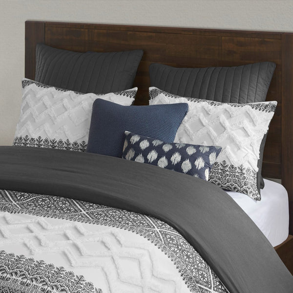 English Elm 3 Piece Cotton Comforter Set with Chenille Tufting Mila Botanic Chevron Print Full/Queen, Shabby Chic Fabrication Gray 19 L x 13.5 W x 13.5 H B03596427