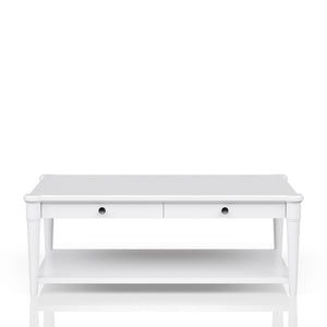 English Elm White Solid Wood Cocktail Table with Casters and Two Drawers, Transitional Casual Design, Durable Finish White 51.75 L x 31.5 W x 12.5 H B2699P218288