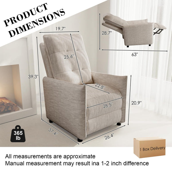 English Elm Chenille Upholstered Push Back Recliner with Metal Frame and Overstuffed Foam Lounger Beige W3568P431428