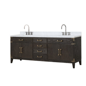 English Elm Brown Oak 84-Inch Double Bath Vanity With Carrara Marble Top And Chrome Faucet Set For Luxury Bathrooms B2731P259961