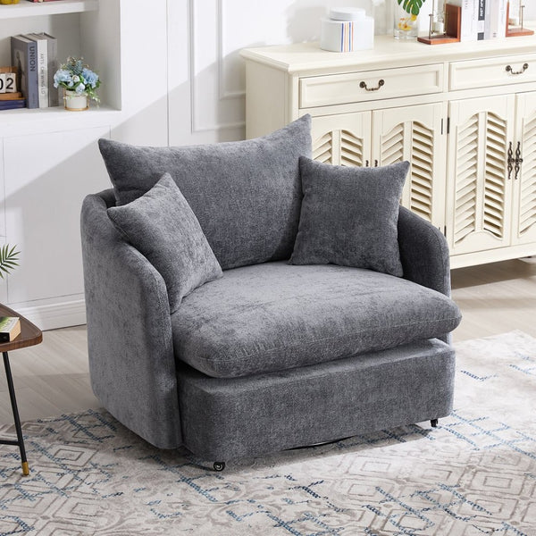 English Elm 360° 360 Swivel Oversized Chenille Armchair with Pocket Spring Seat and Three Throw Pillows Grey W1361S00093