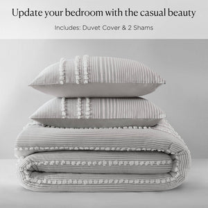 English Elm 3-piece King Yarn Dyed Cotton Duvet Set with Pompom Jacquard Stripe Percale Reverse Grey B035P482895