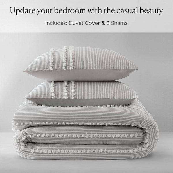 English Elm 3-piece King Yarn Dyed Cotton Duvet Set with Pompom Jacquard Stripe Percale Reverse Grey B035P482895