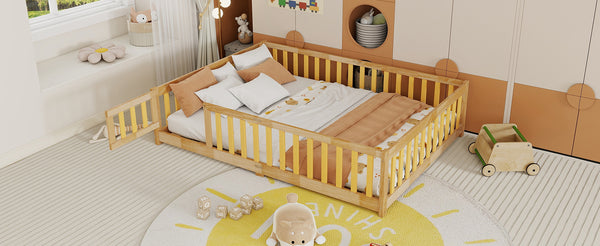 English Elm Full Size Floor Bed With Safety Guardrails, Eco-Friendly Rubber Wood, Minimalist Design & Easy Access W504P286380