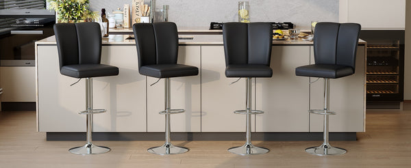 English Elm Modern Pu Leather Dining Chair Set of Six with Curved Back and Polished Metal Legs Black+Silver W1151P370791