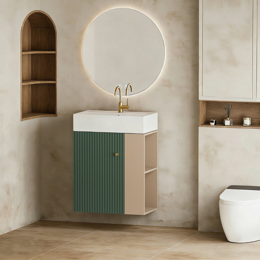 English Elm 21.6" Wall Mounted Sage Green Vanity Ceramic Sink Soft Close Cabinet Copper Hardware W1573S00089