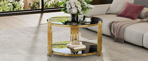English Elm Modern Round Coffee Table Black Tempered Glass Top Gold Drum Base Living Room Glam N735P177478B