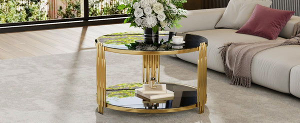 English Elm Modern Round Coffee Table Black Tempered Glass Top Gold Drum Base Living Room Glam N735P177478B