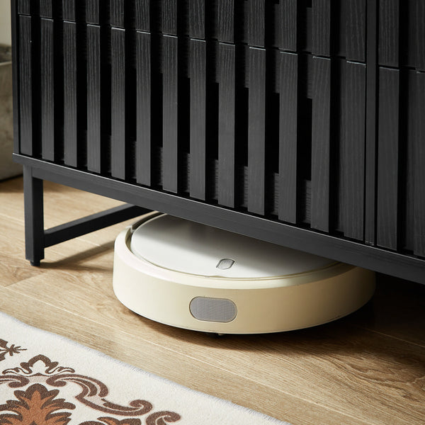 English Elm 6 Drawer Double Dresser Black Grille Striped Doors, Modern MDF & Metal Legs, Sturdy 6-Drawer Storage Elegance W578P193307