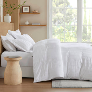 JLA Home Super Listing - Woven Logan Duvet Set with Subtle Striped Texture, Brushed Microfiber Reverse & Hidden Zipper Closure White AM12-0589