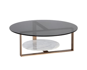 Sunpan MALDINI Contemporary Round Coffee Table with Grey Glass Top & White Marble Base for Modern Living Spaces 108048