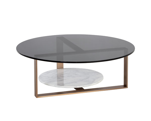Sunpan MALDINI Contemporary Round Coffee Table with Grey Glass Top & White Marble Base for Modern Living Spaces 108048