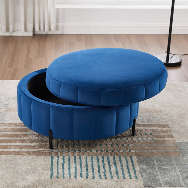 English Elm 31.5"w Velvet Channel Tufted Round Storage Ottoman Pumpkin Sculpted Living Room Accent W3118P272637
