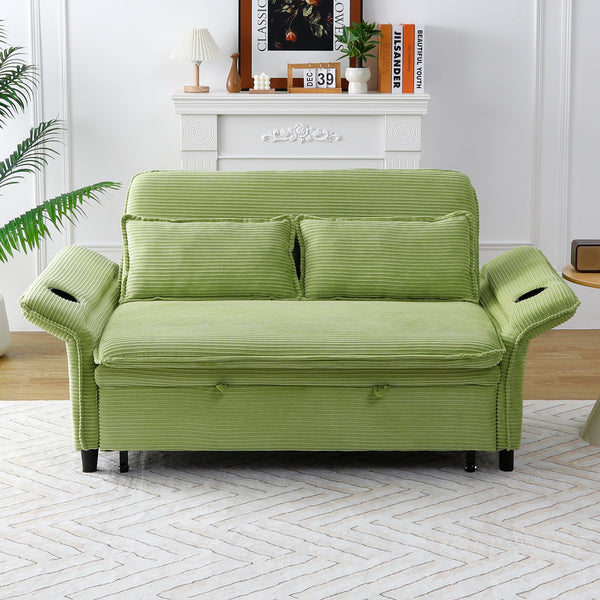 English Elm 65.74-inch convertible letter sofa bed with adjustable armrests, pull-out extension, cup holders, durable frame and plush sponge cushions Green W3371P311474