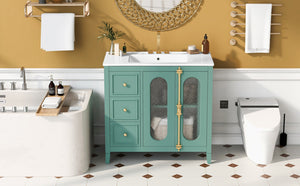 English Elm 36-inch Modern Bathroom Vanity Pine Frame Ceramic Sink 3 Drawers Glass Door Cabinet N710P223192F