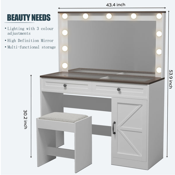 English Elm 43.4"Makeup Vanity Table with Large LED Mirror, Adjustable Brightness, 3 Drawers & Stool for Organized Glam Routine White W2386P199523