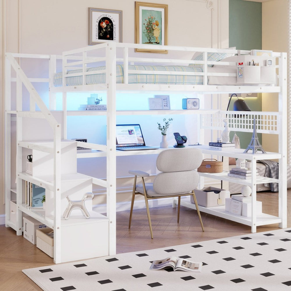 English Elm Full Size Steel Loft Bed with Staircase Storage Wardrobe Desk and Led Lighting White W2593S00059