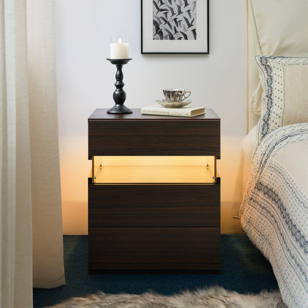 English Elm Led Nightstand with Rgb Acrylic Glow Panel Three Drawers Walnut Bedroom Table W2178P412301