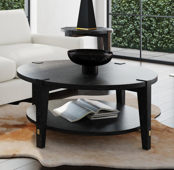 Basset Mirror Whitfield Round Cocktail Table - Modern Interlocking Design In Black Stain With Gold Accents Black Wood 9985-lr-120