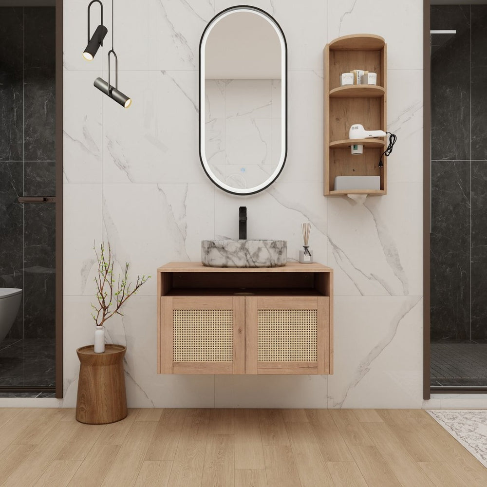 English Elm 30" Floating Bathroom Vanity Oak Finish Ceramic Vessel Sink Soft Close Plywood Cabinet W999S00503