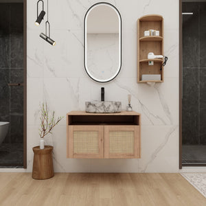 English Elm 30" Floating Bathroom Vanity Oak Finish Ceramic Vessel Sink Soft Close Plywood Cabinet W999S00503