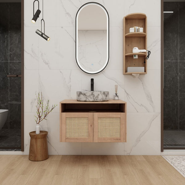 English Elm 30" Floating Bathroom Vanity Oak Finish Ceramic Vessel Sink Soft Close Plywood Cabinet W999S00503
