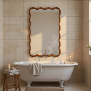 English Elm Yellowish Solid Wood 24"x36" Wavy Rectangle Mirror with Tempered Glass, Rustic Elegance for Bath & Entry W2203P389035