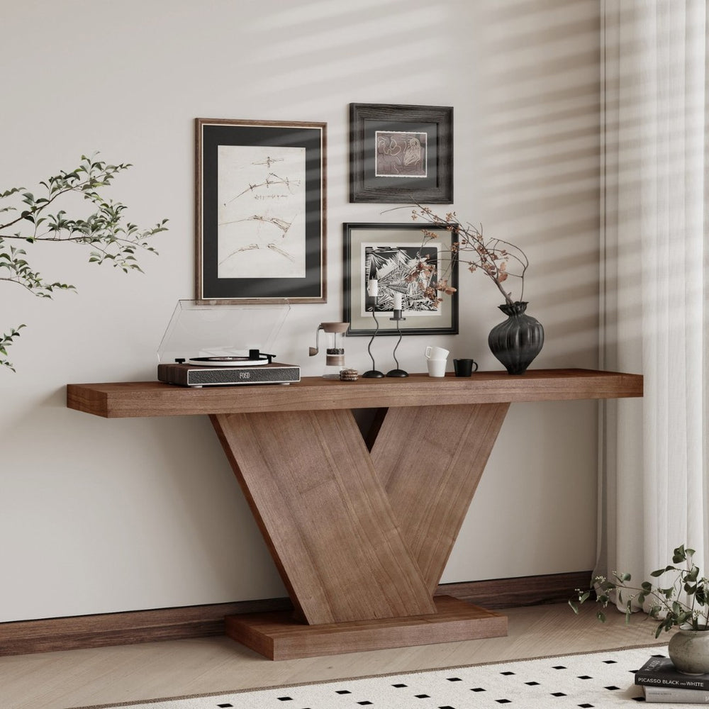 English Elm 66" Mid-century X-leg Console Oak Wash Veneer Entryway Sofa Table Geometric Base Walnut W1435P337637