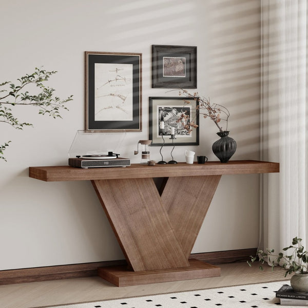 English Elm 66" Mid-century X-leg Console Oak Wash Veneer Entryway Sofa Table Geometric Base Walnut W1435P337637