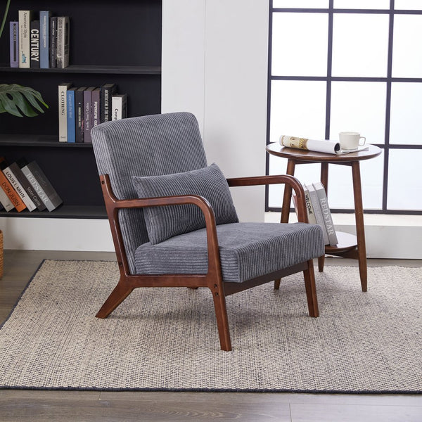 English Elm Mid-Century Upholstered Accent Chair Antique Dark Grey — Ergonomic Solid Wood Frame, Cozy Pillow Seat W2989P295372