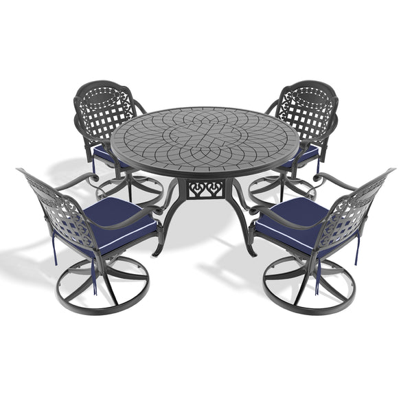 English Elm 5-Piece All-Weather Cast Aluminum Dining Set With Swivel Chairs & Cushions For Outdoor Comfort W1710S00345