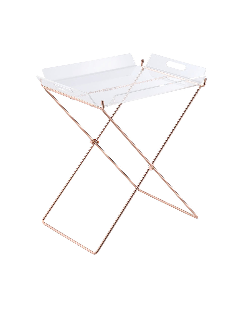 English Elm Cercie Clear Acrylic Tray Table with Copper Metal X-Base, Removable 5mm Tray, Sleek 100lb Capacity B2726P338120