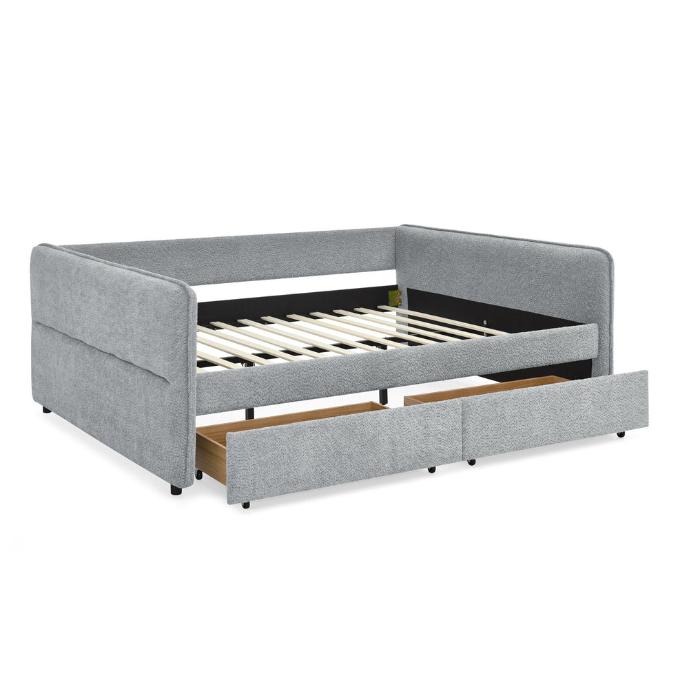 English Elm Daybed With Trundle - Stylish Upholstered Queen Sofa Bed In Grey Boucle With Storage Drawers W1413S00073
