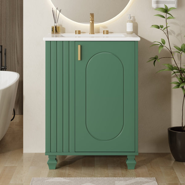 English Elm Christopher Knight Home® - 24" Retro Bathroom Vanity with Ceramic Sink, Solid Wood Frame, Soft-Close Door, Ample Storage Green N759P293645F