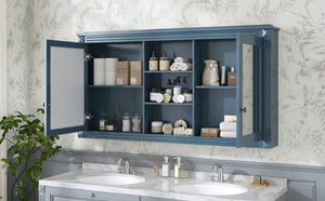 English Elm 55 Inch Wall Mount Medicine Cabinet Dual Mirrored Doors Soft Close Bathroom Vanity Storage Blue N710P401342C