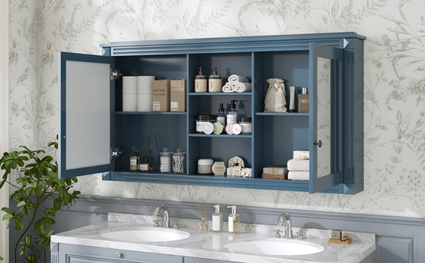 English Elm 55 Inch Wall Mount Medicine Cabinet Dual Mirrored Doors Soft Close Bathroom Vanity Storage Blue N710P401342C