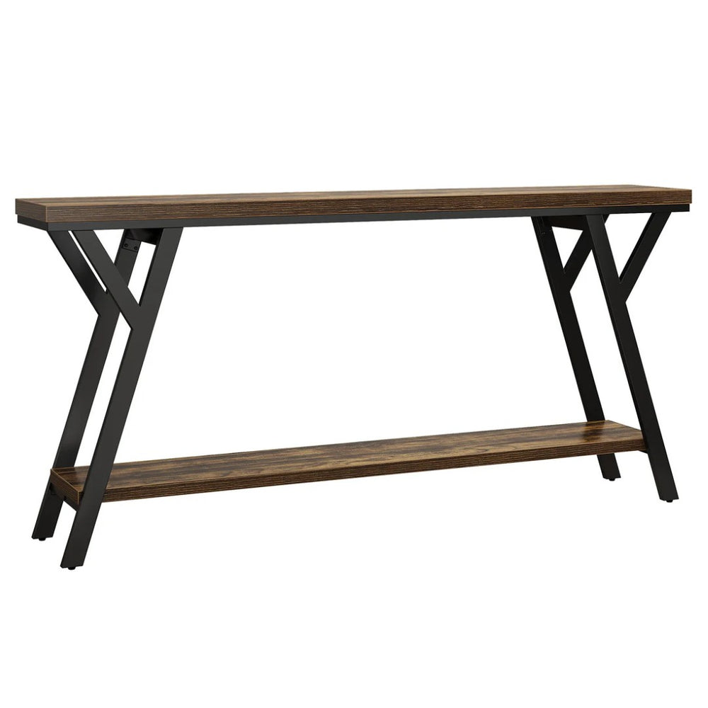 English Elm 2-tier Industrial Console Table Rustic Wood and Black Metal Frame Entryway Sofa T3971P463573